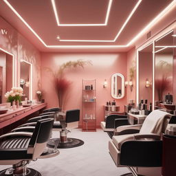 An elegant saloon interior featuring distinct areas for hair cutting, hair washing, manicure and pedicure, facial treatments, and a makeup area. The design should be stylish and modern.