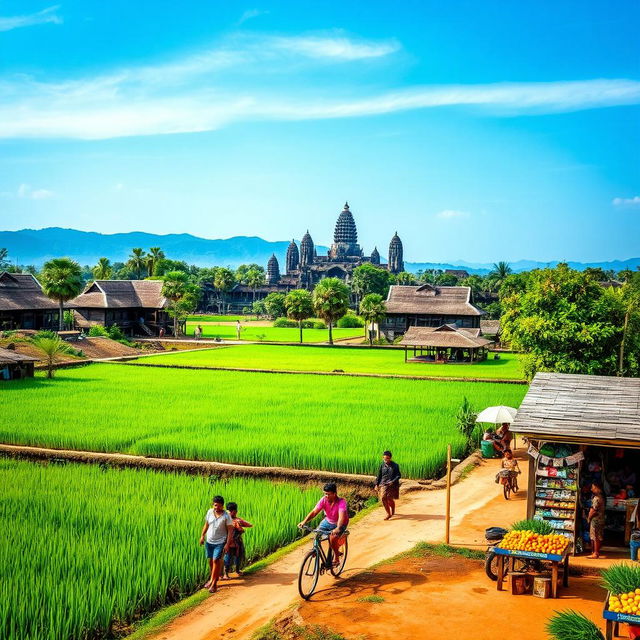 A picturesque landscape of Cambodia, featuring lush green rice paddies, ancient temples like Angkor Wat in the background, and vibrant local markets