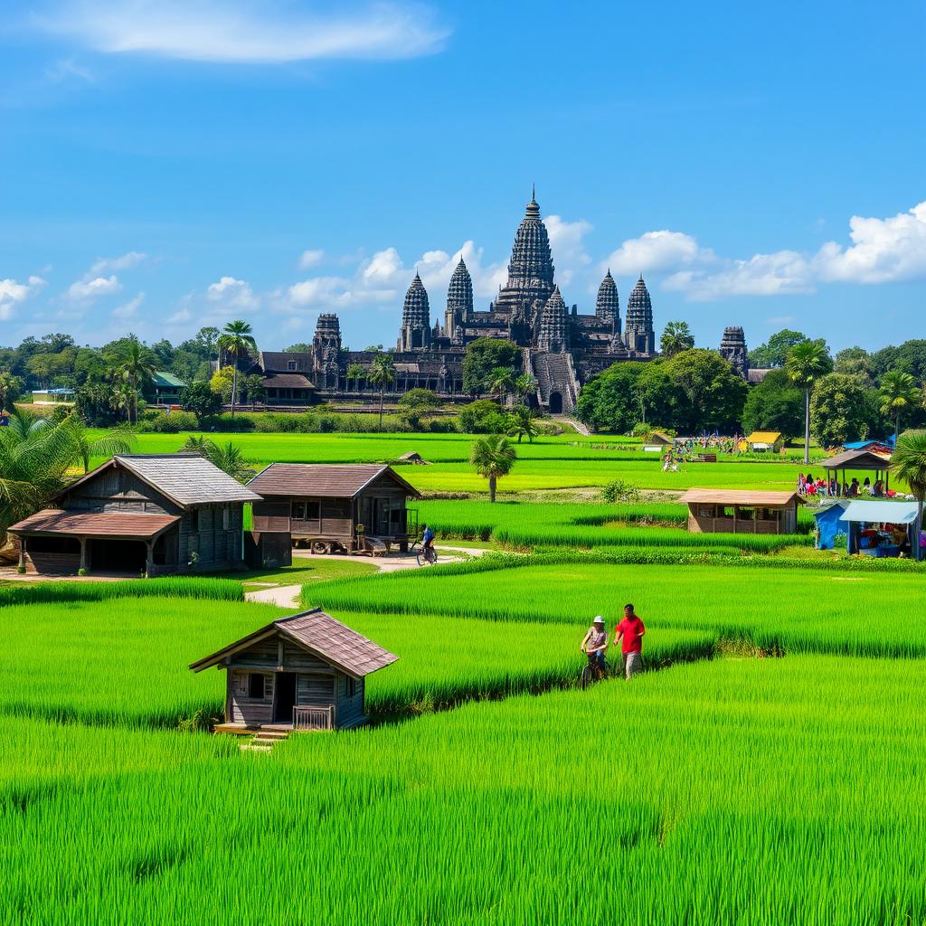 A picturesque landscape of Cambodia, featuring lush green rice paddies, ancient temples like Angkor Wat in the background, and vibrant local markets