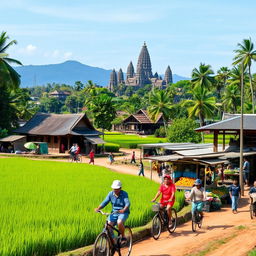 A picturesque landscape of Cambodia, featuring lush green rice paddies, ancient temples like Angkor Wat in the background, and vibrant local markets