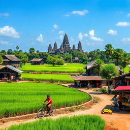A picturesque landscape of Cambodia, featuring lush green rice paddies, ancient temples like Angkor Wat in the background, and vibrant local markets