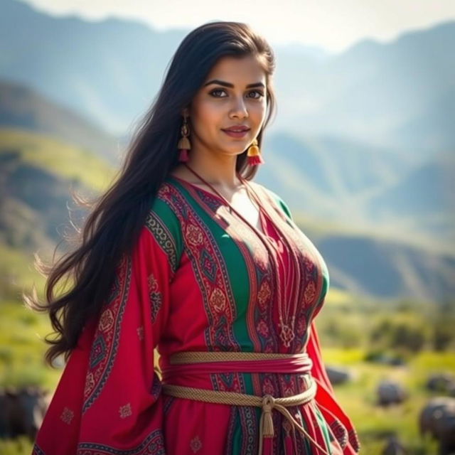 A beautiful Baloch girl with a curvy figure and big ass, wearing traditional vibrant Balochi clothing that showcases her heritage