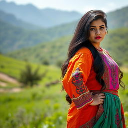A beautiful Baloch girl with a curvy figure and big ass, wearing traditional vibrant Balochi clothing that showcases her heritage