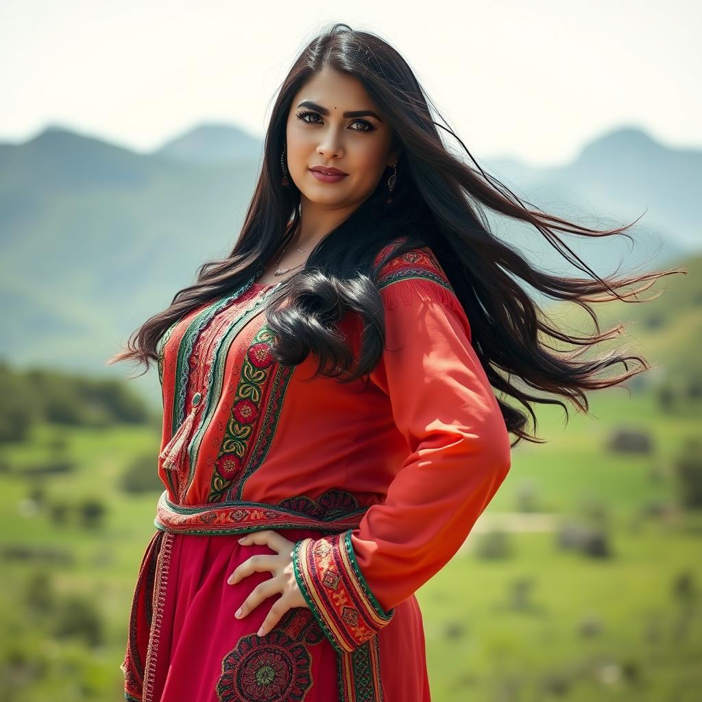 A beautiful Baloch girl with a curvy figure and big ass, wearing traditional vibrant Balochi clothing that showcases her heritage