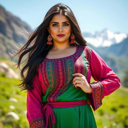A beautiful Baloch girl with a curvy figure and big ass, wearing traditional vibrant Balochi clothing that showcases her heritage