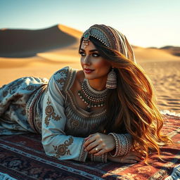 A Bedouin bride gracefully laying down on an ornate rug, adorned in traditional garments with intricate embroidery and patterns, stunning jewelry glimmering under the warm desert sunlight