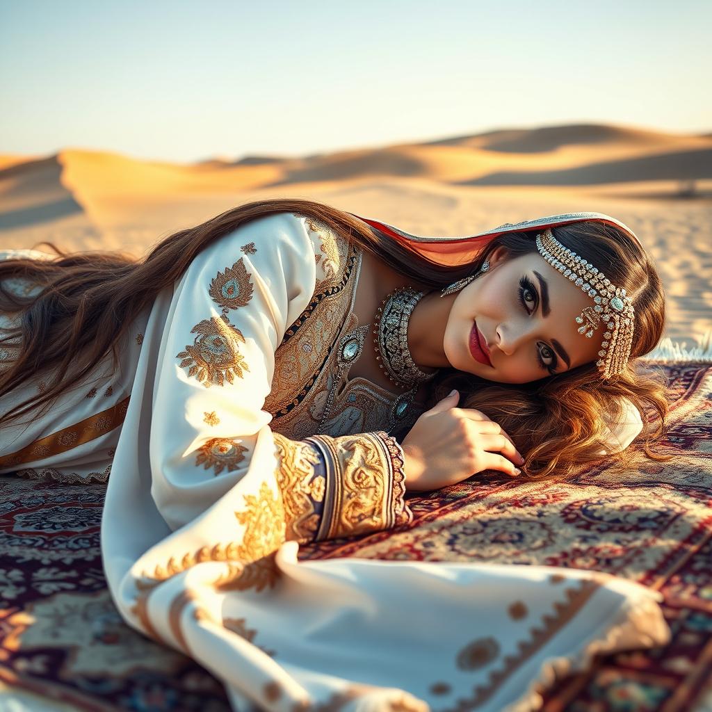 A Bedouin bride gracefully laying down on an ornate rug, adorned in traditional garments with intricate embroidery and patterns, stunning jewelry glimmering under the warm desert sunlight