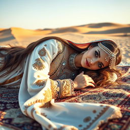 A Bedouin bride gracefully laying down on an ornate rug, adorned in traditional garments with intricate embroidery and patterns, stunning jewelry glimmering under the warm desert sunlight