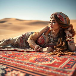 A Bedouin bride gracefully laying down on an ornate rug, adorned in traditional garments with intricate embroidery and patterns, stunning jewelry glimmering under the warm desert sunlight