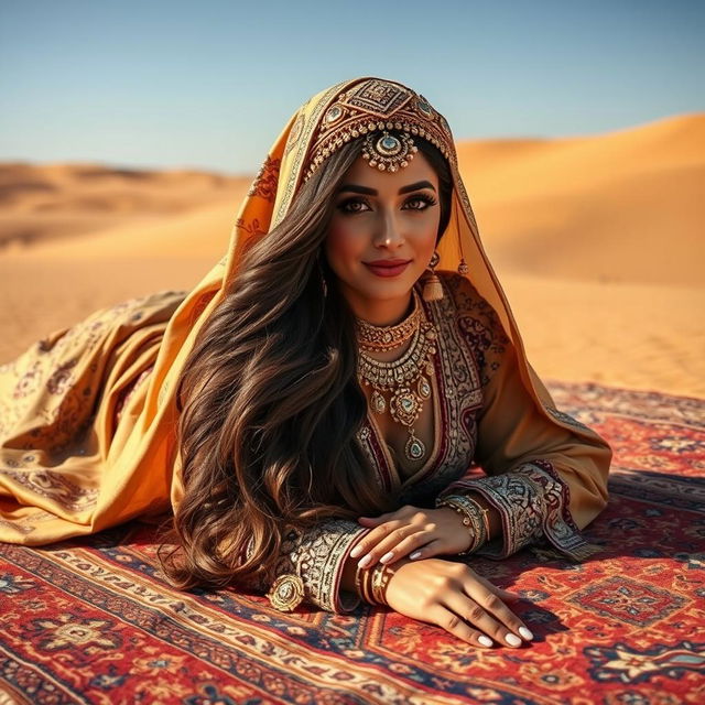 A Bedouin bride gracefully laying down on an ornate rug, adorned in traditional garments with intricate embroidery and patterns, stunning jewelry glimmering under the warm desert sunlight