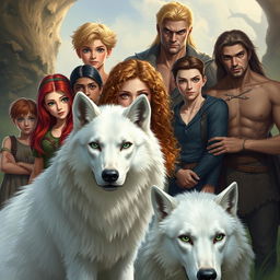 A captivating fantasy scene featuring Ivy Arche, a stunning young woman with curly blonde hair and bright green eyes, positioned in the center of the image alongside her majestic white wolf