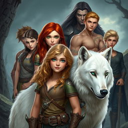 A captivating fantasy scene featuring Ivy Arche, a stunning young woman with curly blonde hair and bright green eyes, positioned in the center of the image alongside her majestic white wolf