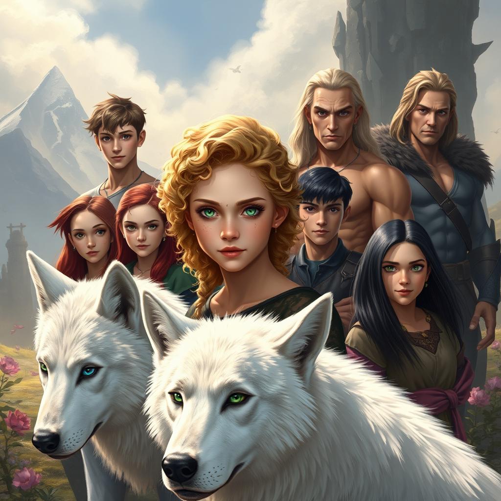 A captivating fantasy scene featuring Ivy Arche, a stunning young woman with curly blonde hair and bright green eyes, positioned in the center of the image alongside her majestic white wolf