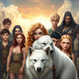 A captivating fantasy scene featuring Ivy Arche, a stunning young woman with curly blonde hair and bright green eyes, positioned in the center of the image alongside her majestic white wolf