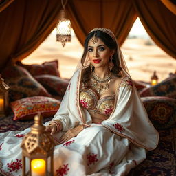 A stunning Bedouin bride lying gracefully on a luxurious rug in a beautifully adorned tent, surrounded by colorful decorative pillows and intricate lanterns