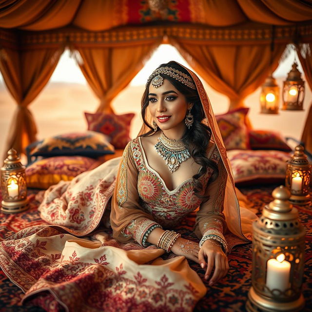 A stunning Bedouin bride lying gracefully on a luxurious rug in a beautifully adorned tent, surrounded by colorful decorative pillows and intricate lanterns