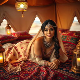 A stunning Bedouin bride lying gracefully on a luxurious rug in a beautifully adorned tent, surrounded by colorful decorative pillows and intricate lanterns