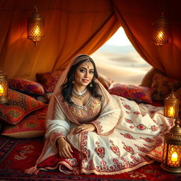 A stunning Bedouin bride lying gracefully on a luxurious rug in a beautifully adorned tent, surrounded by colorful decorative pillows and intricate lanterns