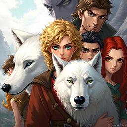 A captivating fantasy illustration featuring Ivy, a stunning young woman with curly blonde hair and vibrant green eyes, positioned at the center alongside her majestic white wolf