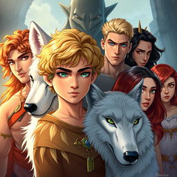 A captivating fantasy illustration featuring Ivy, a stunning young woman with curly blonde hair and vibrant green eyes, positioned at the center alongside her majestic white wolf