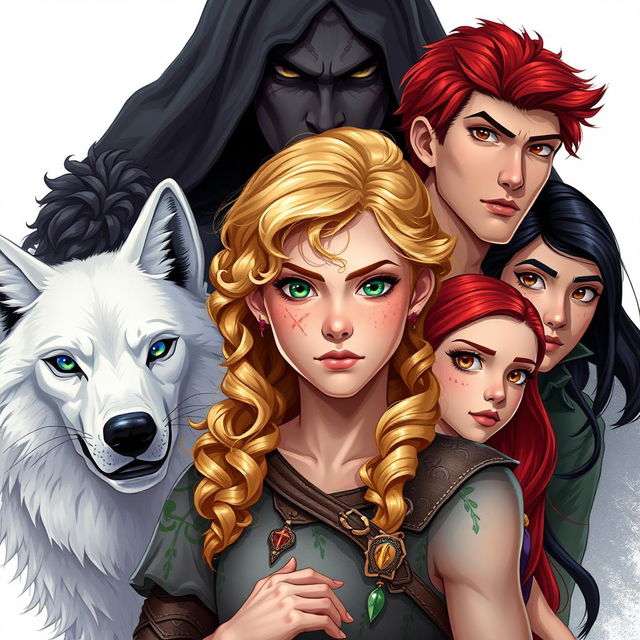 A captivating fantasy illustration featuring Ivy, a stunning young woman with curly blonde hair and vibrant green eyes, positioned at the center alongside her majestic white wolf