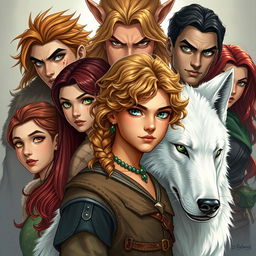A captivating fantasy illustration featuring Ivy, a stunning young woman with curly blonde hair and vibrant green eyes, positioned at the center alongside her majestic white wolf