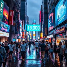 An artistic representation of a vibrant and bustling city street at night, where a large digital billboard displays the amount '13,000' prominently