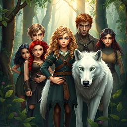 A magical scene set in a dense, enchanting forest featuring Ivy, a beautiful young woman with curly blonde hair and vibrant green eyes, standing confidently in the center alongside her majestic white wolf