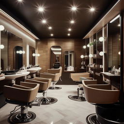 An elegant saloon interior featuring distinct areas for hair cutting, hair washing, manicure and pedicure, facial treatments, and a makeup area. The design should be stylish and modern.