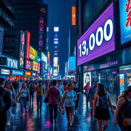 An artistic representation of a vibrant and bustling city street at night, where a large digital billboard displays the amount '13,000' prominently