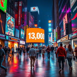 An artistic representation of a vibrant and bustling city street at night, where a large digital billboard displays the amount '13,000' prominently
