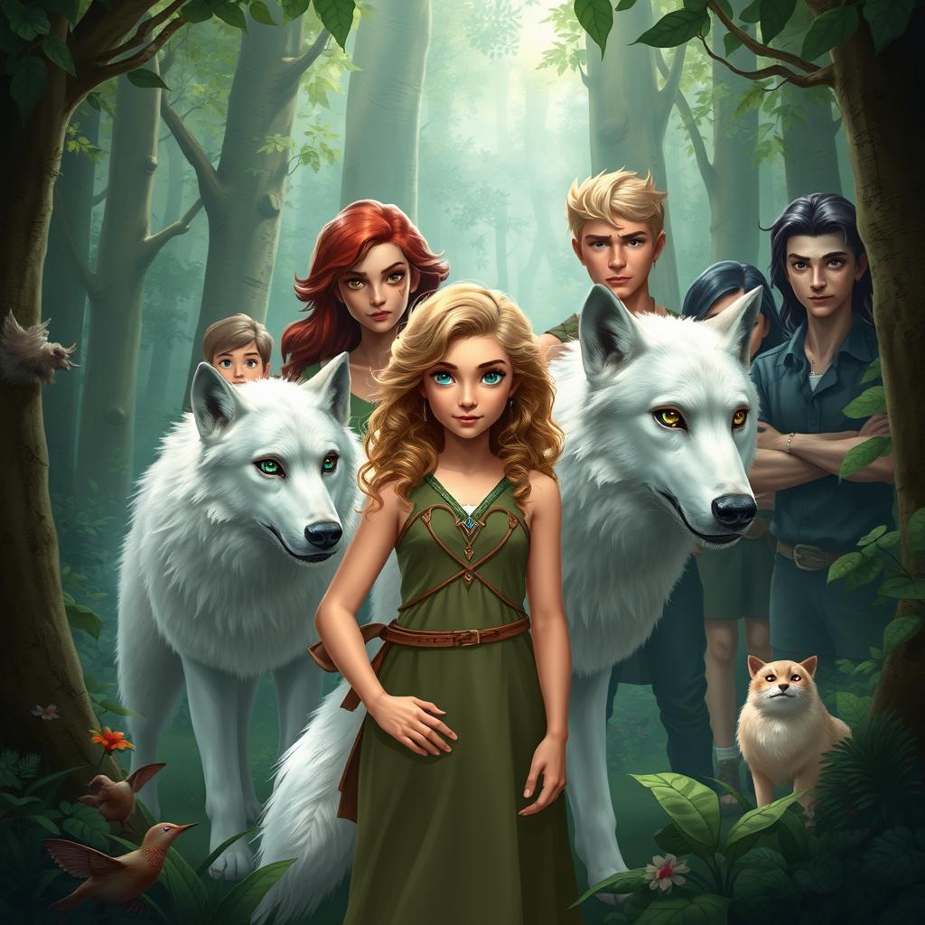 A magical scene set in a dense, enchanting forest featuring Ivy, a beautiful young woman with curly blonde hair and vibrant green eyes, standing confidently in the center alongside her majestic white wolf