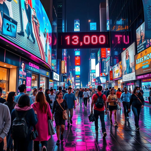 An artistic representation of a vibrant and bustling city street at night, where a large digital billboard displays the amount '13,000' prominently