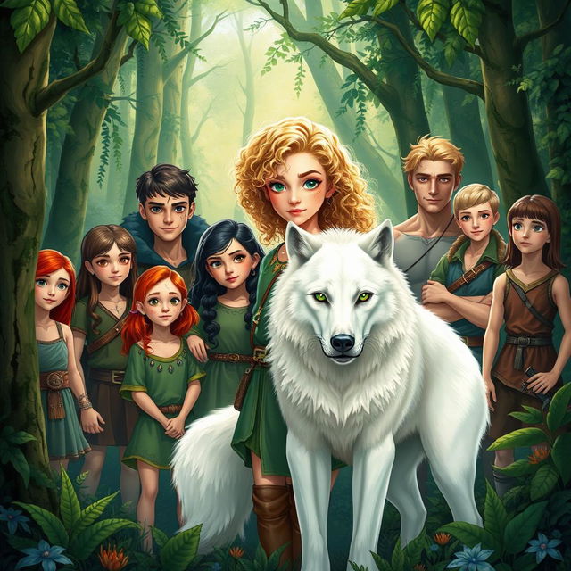 A magical scene set in a dense, enchanting forest featuring Ivy, a beautiful young woman with curly blonde hair and vibrant green eyes, standing confidently in the center alongside her majestic white wolf