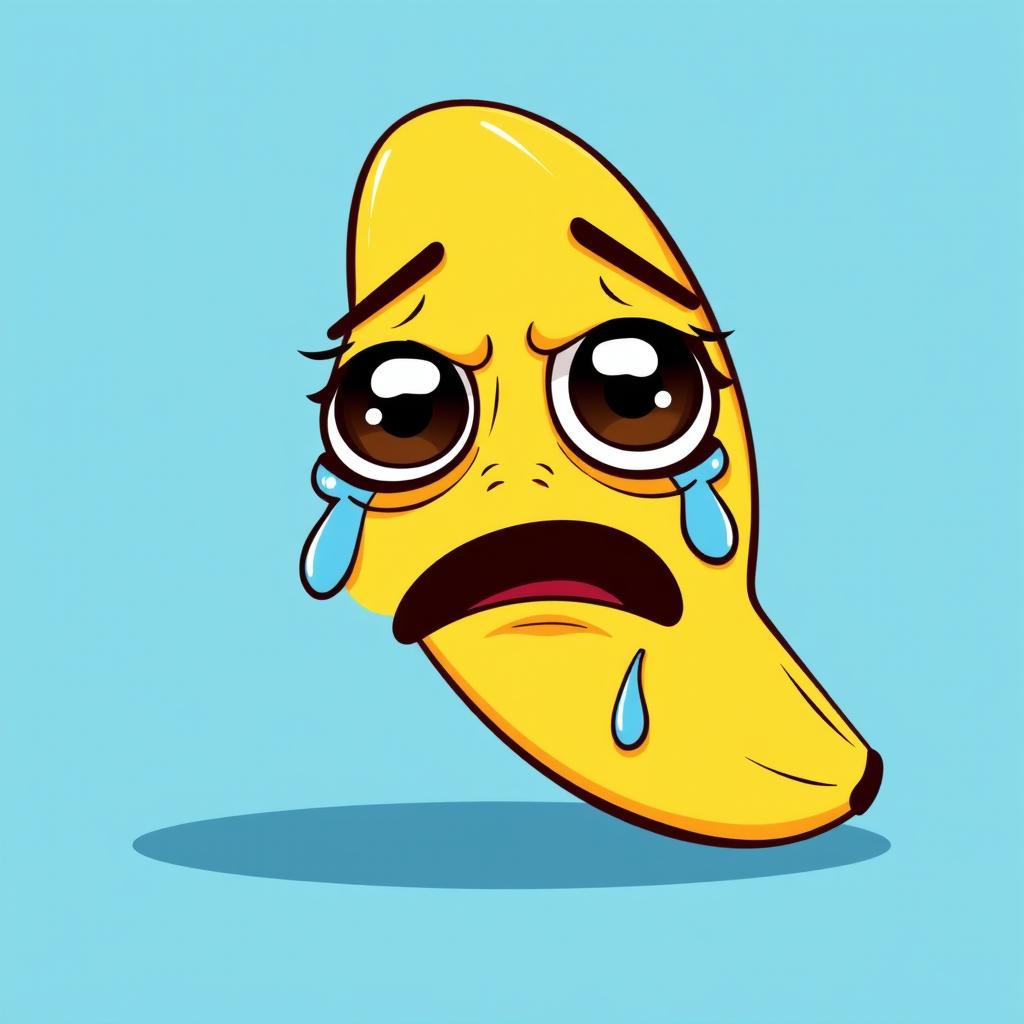 A cartoon-style banana with big, expressive eyes and a sad face, crying