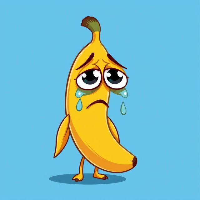 A cartoon-style banana with big, expressive eyes and a sad face, crying