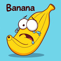 A cartoon-style banana with big, expressive eyes and a sad face, crying