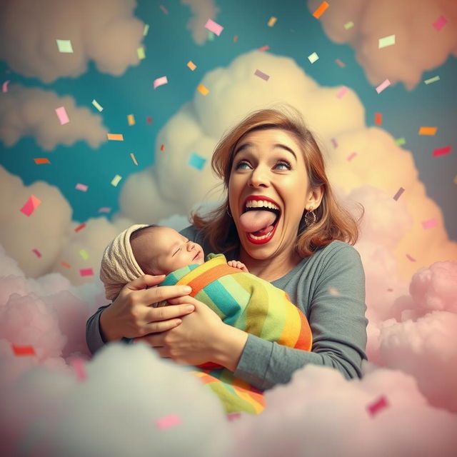 A surreal, whimsical scene depicting a woman with an exaggeratedly large mouth playfully and humorously engaging with a newborn wrapped in a colorful blanket, surrounded by a vibrant, dreamlike background filled with soft clouds and confetti