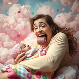 A surreal, whimsical scene depicting a woman with an exaggeratedly large mouth playfully and humorously engaging with a newborn wrapped in a colorful blanket, surrounded by a vibrant, dreamlike background filled with soft clouds and confetti