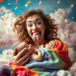 A surreal, whimsical scene depicting a woman with an exaggeratedly large mouth playfully and humorously engaging with a newborn wrapped in a colorful blanket, surrounded by a vibrant, dreamlike background filled with soft clouds and confetti