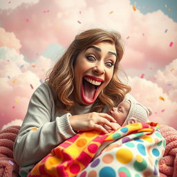 A surreal, whimsical scene depicting a woman with an exaggeratedly large mouth playfully and humorously engaging with a newborn wrapped in a colorful blanket, surrounded by a vibrant, dreamlike background filled with soft clouds and confetti