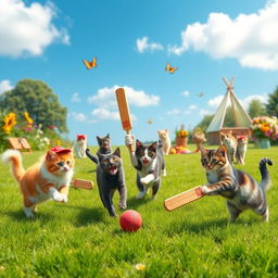 A whimsical scene featuring a group of playful cats engaged in a game of cricket