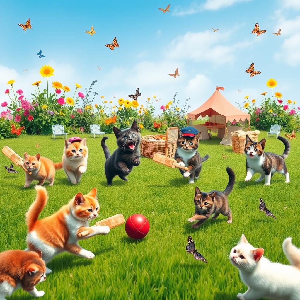 A whimsical scene featuring a group of playful cats engaged in a game of cricket