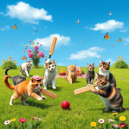 A whimsical scene featuring a group of playful cats engaged in a game of cricket