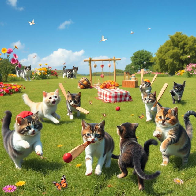 A whimsical scene featuring a group of playful cats engaged in a game of cricket