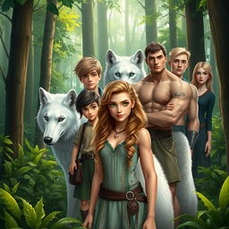 In an enchanting forest, Ivy, a beautiful young woman with curly blonde hair and striking green eyes, stands confidently in the center alongside her majestic white wolf