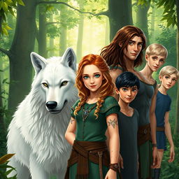 In an enchanting forest, Ivy, a beautiful young woman with curly blonde hair and striking green eyes, stands confidently in the center alongside her majestic white wolf