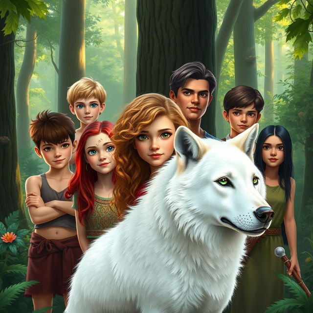 In an enchanting forest, Ivy, a beautiful young woman with curly blonde hair and striking green eyes, stands confidently in the center alongside her majestic white wolf