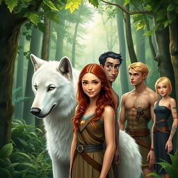 In an enchanting forest, Ivy, a beautiful young woman with curly blonde hair and striking green eyes, stands confidently in the center alongside her majestic white wolf