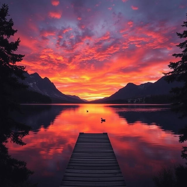 A stunning sunset over a serene lake surrounded by majestic mountains